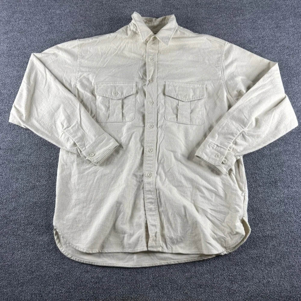 Vintage Eddie Bauer Shirt Men XL White Chamois Flannel Long Sleeve Button Up USA